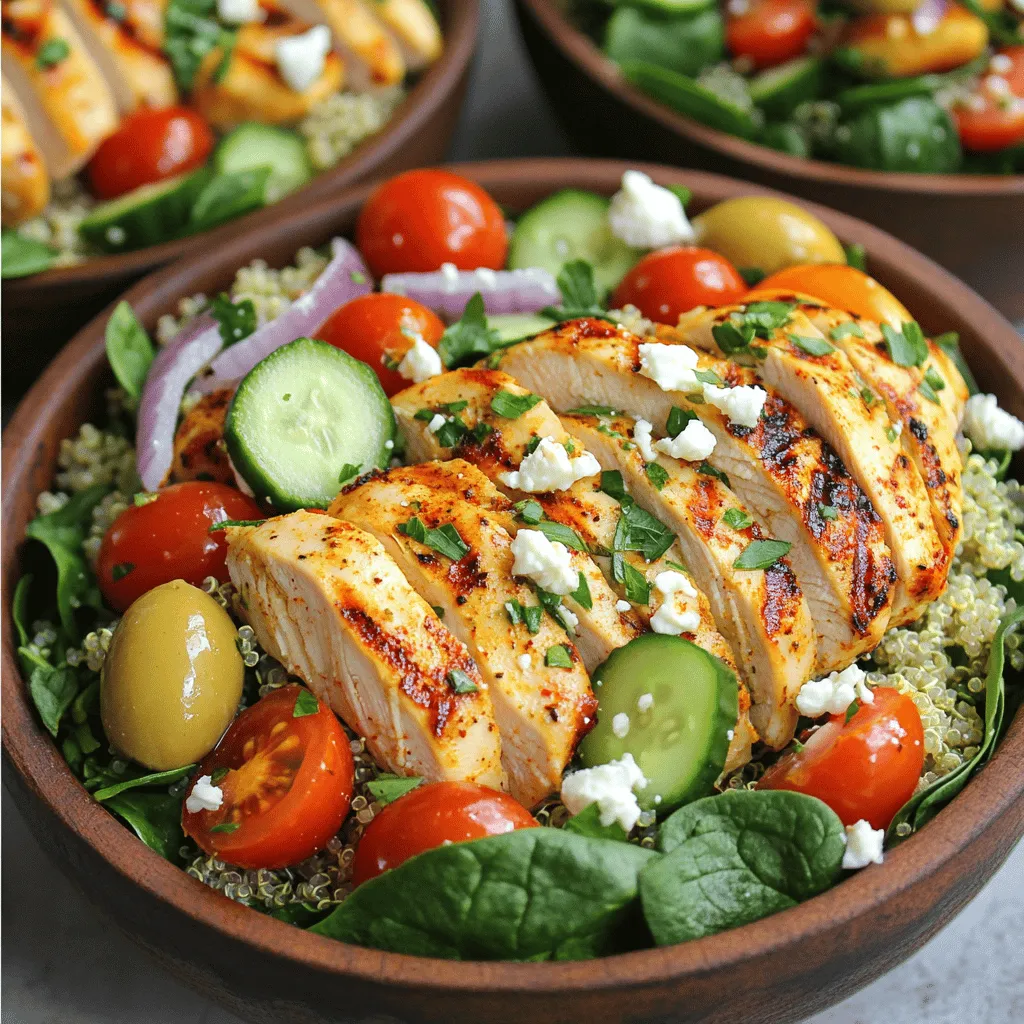 - 2 boneless, skinless chicken breasts - 1 teaspoon dried oregano - 1 teaspoon garlic powder - 1 teaspoon paprika - Salt and pepper to taste - 2 tablespoons olive oil The chicken is the star of this dish. Use fresh boneless chicken breasts for the best flavor. The marinade adds depth with oregano, garlic, and paprika. Remember to season with salt and pepper to bring out the natural taste. - 1 cup cooked quinoa - 1 cup cherry tomatoes, halved - 1 cucumber, diced - 1/2 red onion, thinly sliced - 1 cup baby spinach or mixed greens - 1/2 cup feta cheese, crumbled - 1/4 cup Kalamata olives, pitted and halved - Juice of 1 lemon This salad is vibrant and fresh. The quinoa provides a nice base. Cherry tomatoes, cucumber, and red onion add crunch and color. Baby spinach or mixed greens gives you that healthy boost. Feta cheese and olives bring salty flavors that blend perfectly. - 1 tablespoon fresh parsley, chopped (for garnish) Fresh parsley is a simple yet effective garnish. It adds a pop of color and a hint of freshness. Feel free to experiment with other herbs or spices as you like.Enjoy each bite of your Greek chicken bowls! <strong>Marinating the Chicken</strong> Start by making the marinade. In a bowl, mix together: - 1 teaspoon dried oregano - 1 teaspoon garlic powder - 1 teaspoon paprika - Salt and pepper to taste - 2 tablespoons olive oil Rub this marinade on both chicken breasts. Make sure each piece is well coated. Let the chicken sit for about 15 minutes. This step helps the flavors soak in. <strong>Grilling Techniques</strong> Preheat your grill or grill pan to medium-high heat. Place the marinated chicken on the grill. Cook for about 6-7 minutes on each side. You want the chicken to be cooked through and the juices to run clear. Once done, take the chicken off the grill and let it rest for 5 minutes. <strong>Resting and Slicing the Chicken</strong> After resting, slice the chicken into thin strips. This keeps the meat juicy and makes it easy to serve. <strong>Cooking Quinoa</strong> If you haven