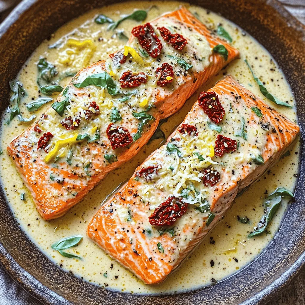 - Fresh salmon fillets - Sun-dried tomatoes - Heavy cream - Fresh basil - Garlic - Olive oil - Seasonings: salt, pepper, lemon zest, and lemon juice - Parmesan cheese