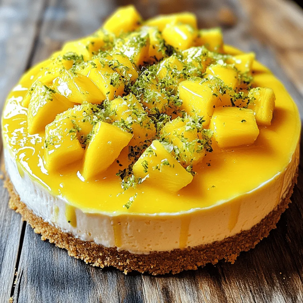 To make a tropical mango cheesecake, you need a few key ingredients. First, the crust requires 1 1/2 cups of crushed graham crackers, 1/2 cup of melted unsalted butter, and 2 tablespoons of sugar. These ingredients form a crispy base that holds the cheesecake together.