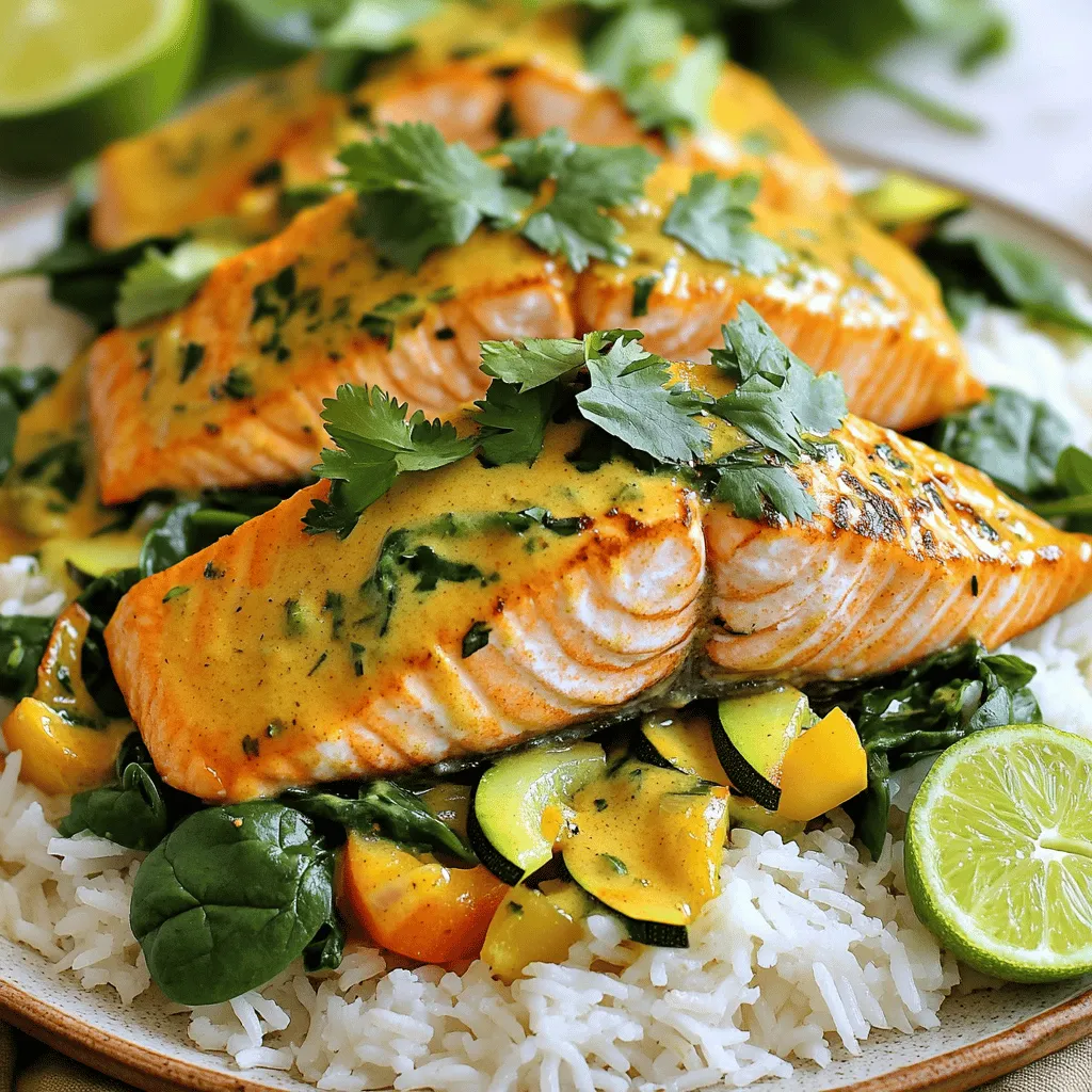 - 4 salmon fillets (about 6 oz each) - 1 can (14 oz) coconut milk - 2 tablespoons red curry paste - 1 tablespoon fresh ginger, grated - 2 cloves garlic, minced - 1 tablespoon olive oil