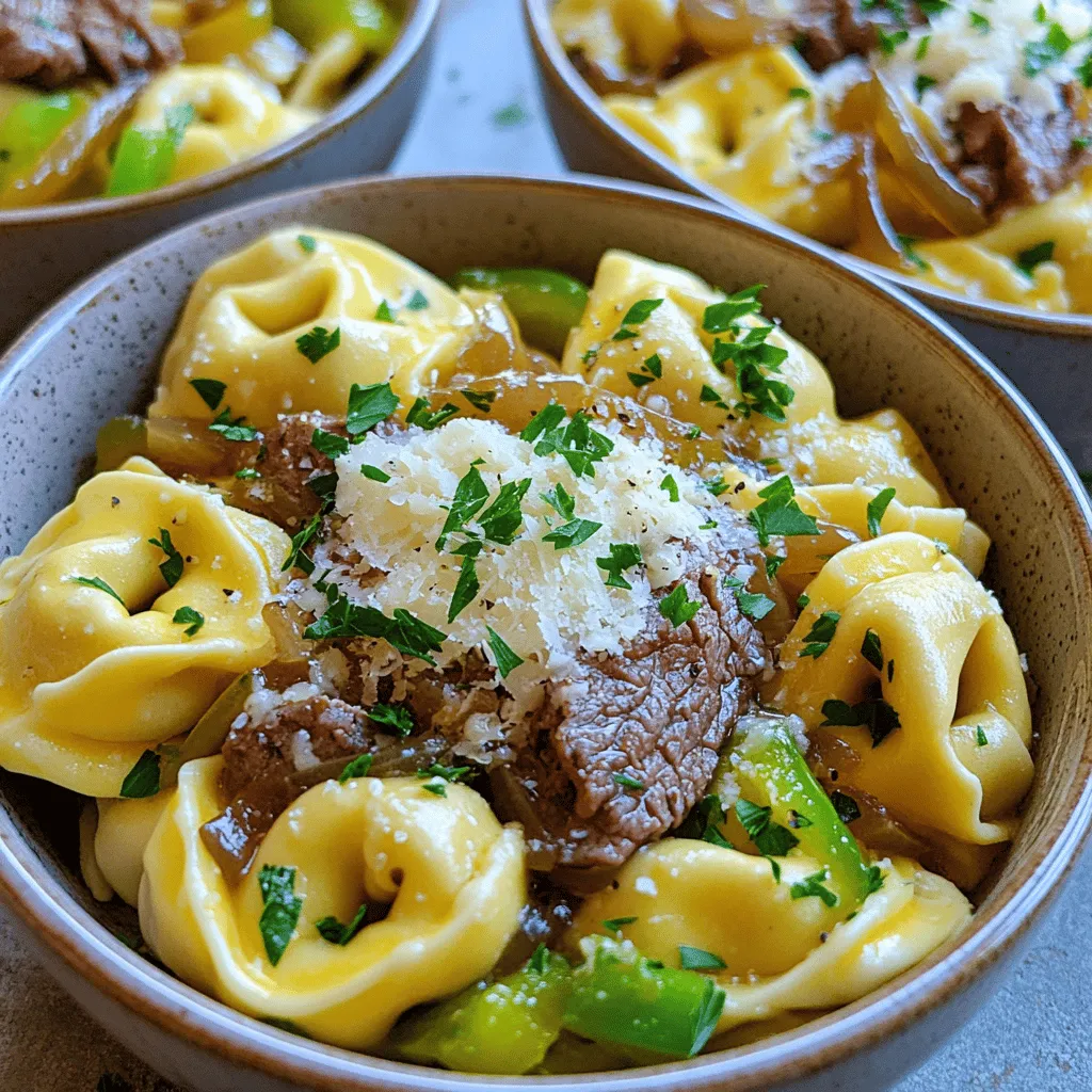 To make savory cheesesteak tortellini, you need some key ingredients. First, you will use 12 oz of cheese tortellini. This pasta has a great flavor that pairs well with the other items. Next, you need 1 lb of beef sirloin, which you will slice thinly. This beef adds a hearty texture and rich taste.