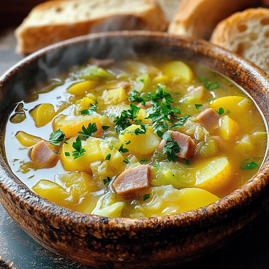 To make Hearty Ham Bone Soup with Potatoes and Cabbage, you need a few key ingredients. First, grab a large smoked ham bone. This provides the rich flavor that makes the soup special. Look for a bone with some meat still attached for extra taste.