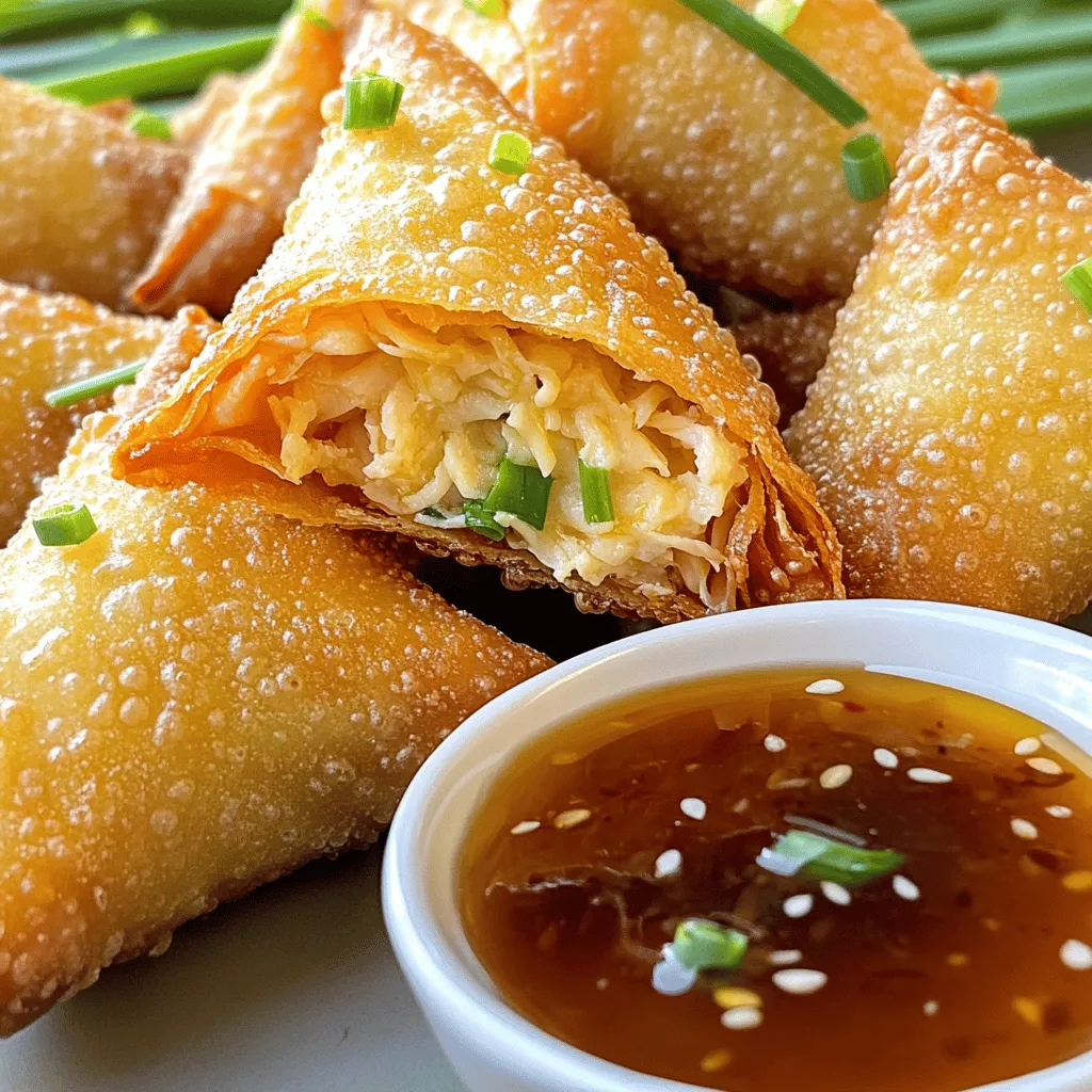To make crab rangoon egg rolls, you need a few key ingredients. The first is cream cheese. It gives the filling a rich and creamy taste. Next, you will need cooked and shredded crab meat. This is the star of the dish. Green onions add a fresh crunch. You also need soy sauce, garlic powder, Worcestershire sauce, and sesame oil for flavor. These ingredients work together to create a delicious cream cheese mixture.