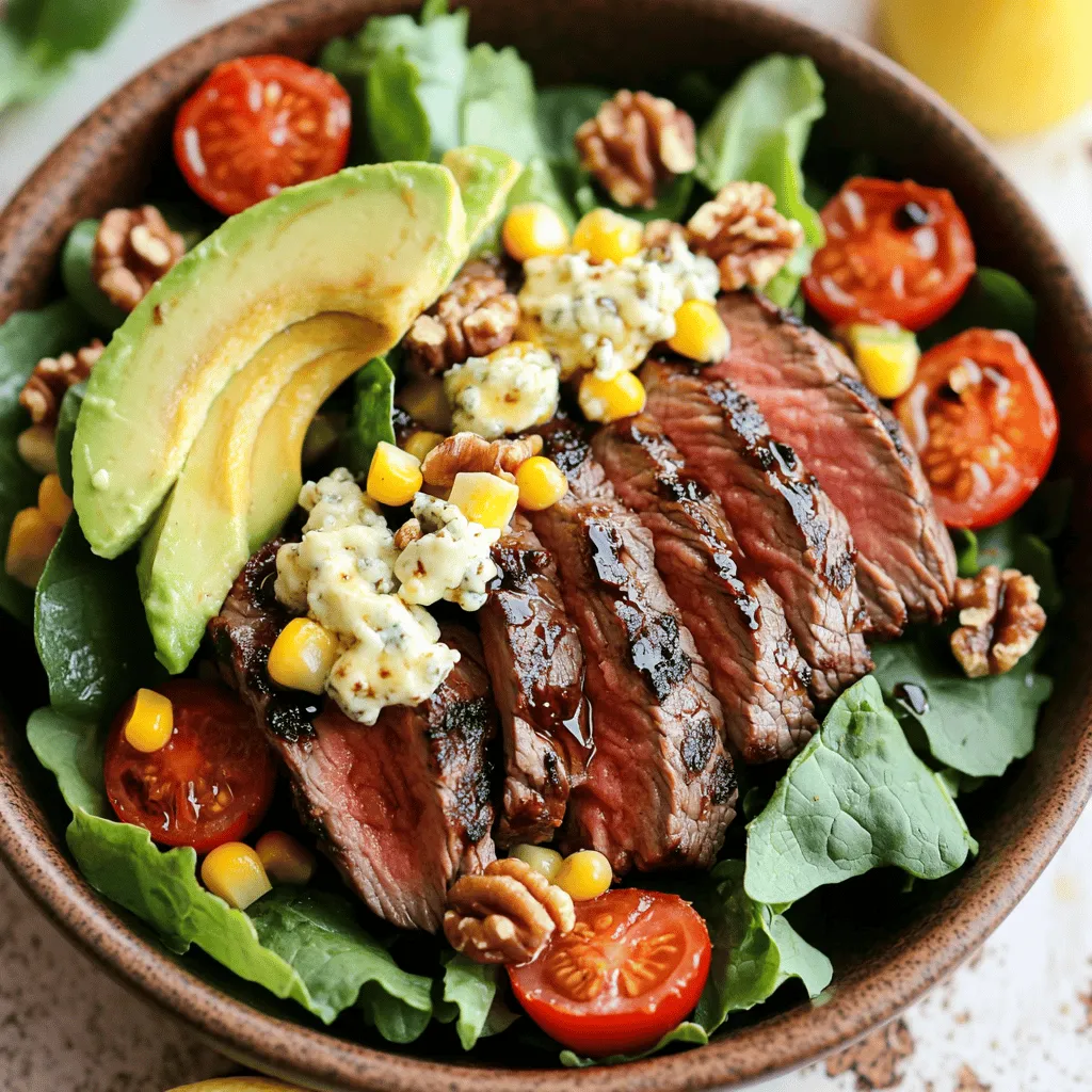 For this flavorful salad, you need: - 1 lb flank steak - 2 tablespoons balsamic vinegar - 1 tablespoon olive oil - 2 ears of fresh corn, husked - 6 cups mixed greens (like arugula, spinach, and romaine) - 1 cup cherry tomatoes, halved The flank steak brings a rich taste. Balsamic vinegar adds a sweet tang while the olive oil adds smoothness. Fresh corn gives a nice crunch, and mixed greens make it light and vibrant. Cherry tomatoes offer juicy bursts of flavor. To elevate the salad, gather these ingredients: - ½ cup Gorgonzola cheese, crumbled - ¼ cup walnuts, toasted and chopped - 1 avocado, sliced - 2 tablespoons honey - 1 tablespoon Dijon mustard - 2 tablespoons lemon juice Gorgonzola cheese adds creaminess. Walnuts bring a nutty crunch, and avocado makes it rich. Honey and Dijon mustard together create a delightful dressing, while lemon juice adds brightness. For the best flavor, use: - Salt and black pepper to taste These simple seasonings enhance all the salad
