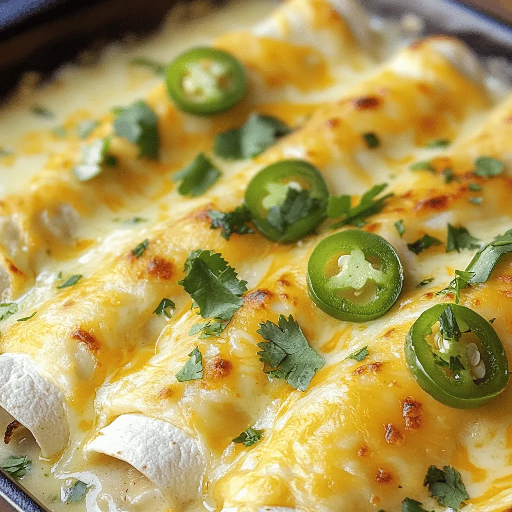 To make cheesy white chicken enchiladas, you need some key ingredients. Here’s a simple list: - 2 cups shredded cooked chicken - 1 cup cream cheese, softened - 1 cup sour cream - 1 cup shredded Monterey Jack cheese - 1 can (10 oz) cream of chicken soup - 1 cup chicken broth - 1 teaspoon garlic powder - 1 teaspoon onion powder - 1 teaspoon cumin - 8 flour tortillas