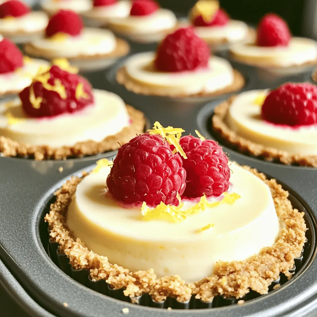 To make these mini cheesecakes, you need a few key ingredients: - 1 cup graham cracker crumbs - 4 tablespoons unsalted butter, melted - 2 tablespoons sugar - 8 oz cream cheese, softened - 1/2 cup sour cream - 1/2 cup granulated sugar - 2 large eggs - 1 tablespoon lemon juice - Zest of 1 lemon - 1 cup fresh raspberries