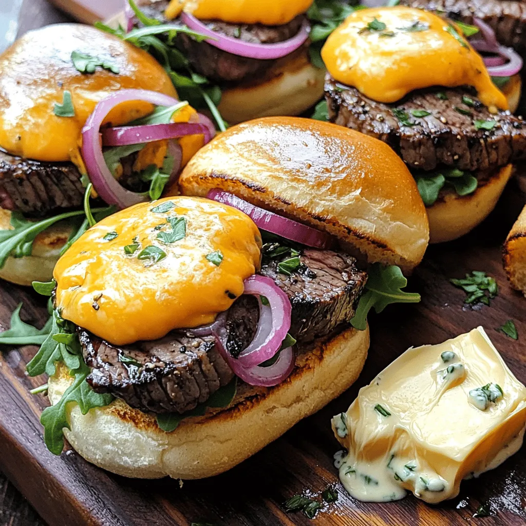To make Cowboy Butter Steak Sliders, you need a few simple ingredients. The base is the steak, and I recommend using sirloin or flank steak. This meat is tender and flavorful. You will need about 1 pound, thinly sliced.