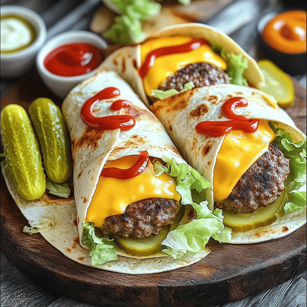 To make tasty grilled cheeseburger wraps, gather these main items: - 1 pound ground beef - 4 slices of cheddar cheese - 4 large flour tortillas - 1 cup shredded lettuce - 1 tomato, diced - 1/4 cup pickles, sliced
