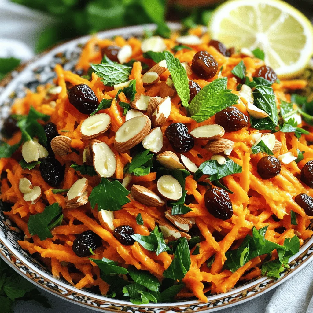 - 4 large carrots, peeled and grated - 1/2 cup raisins, soaked in warm water for 10 minutes - 1/4 cup fresh parsley, finely chopped - 1/4 cup fresh mint, finely chopped