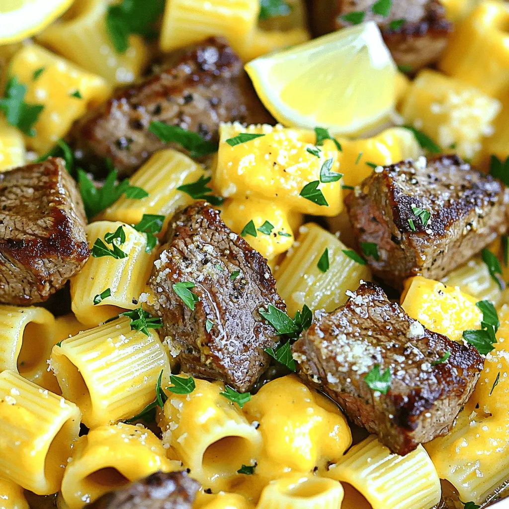 Garlic Butter Steak Tips with Cheesy Rigatoni Delight