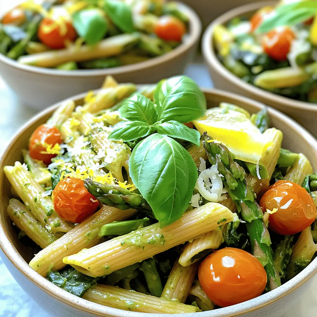 - 8 oz whole wheat pasta (penne or fusilli) - 1 tbsp olive oil - 3 cloves garlic, minced - 1 small onion, finely chopped - 1 bunch asparagus, trimmed and cut into 2-inch pieces