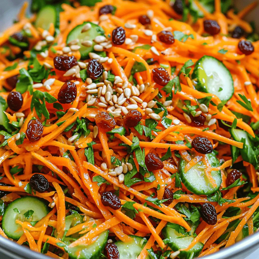 - 4 large carrots, peeled and finely shredded - 1 red bell pepper, julienned - 1/2 cucumber, thinly sliced - 1/4 cup raisins - 1/4 cup fresh parsley, chopped - 1/4 cup toasted sunflower seeds