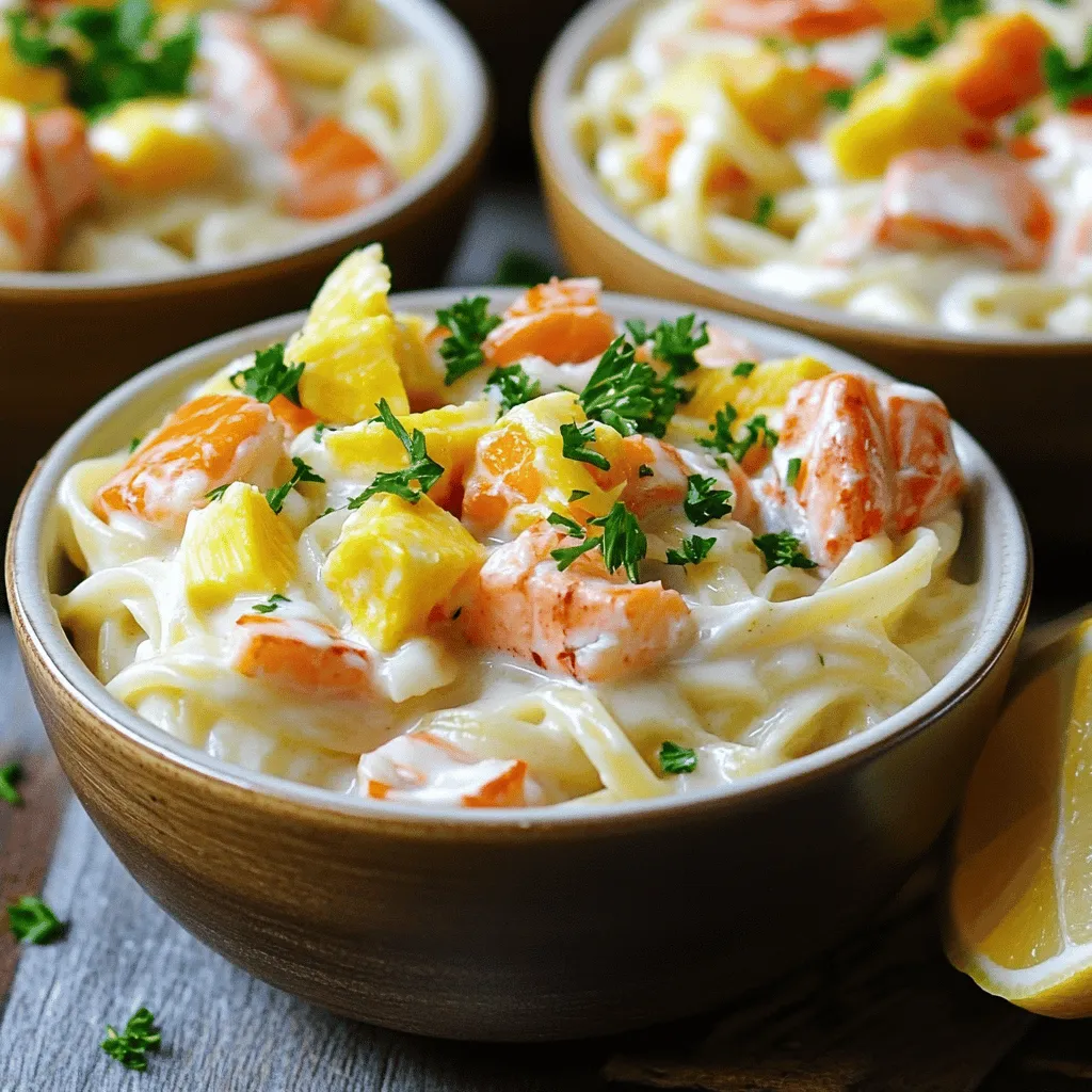 - 8 ounces fettuccine pasta - 1 tablespoon olive oil - 1 pound lobster meat, cooked and chopped - 1 pound crab meat, picked over for shells - 1 pound salmon fillet, skin removed and cubed - 3 cloves garlic, minced - 1 small onion, finely chopped - 1 cup heavy cream - 1 cup grated Parmesan cheese - 2 tablespoons Cajun seasoning - Salt and pepper to taste - Fresh parsley, chopped (for garnish)