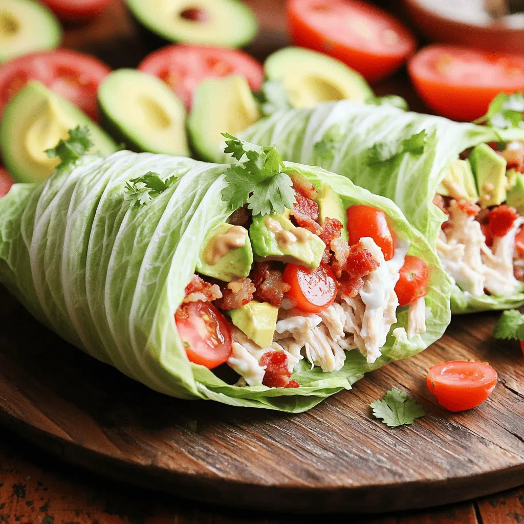 - 2 cups cooked chicken breast, shredded - 4 strips of crispy bacon, crumbled - 1 large avocado, diced - 1 medium tomato, diced - 1 cup romaine lettuce or butter lettuce leaves