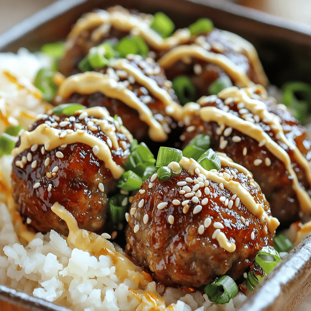 - 1 pound ground beef or turkey - 1/4 cup panko breadcrumbs - 1/4 cup green onions, finely chopped - 2 tablespoons soy sauce - 1 tablespoon sesame oil - 1 tablespoon garlic, minced - 1 tablespoon ginger, grated - 1 tablespoon brown sugar - 1 teaspoon black pepper - 1 egg, lightly beaten - 1 tablespoon sesame seeds (for garnish) - 1/2 cup mayonnaise - 1 tablespoon sriracha - 1 teaspoon lime juice - 1 teaspoon sesame oil - Pinch of salt When I whip up Korean BBQ meatballs, I focus on fresh ingredients. The ground beef or turkey forms the base, while panko gives them a nice crunch. Green onions add a vibrant touch, and soy sauce brings that savory flavor we crave. For the additional ingredients, sesame oil gives a nutty taste. Garlic and ginger bring warmth and zest. Brown sugar balances everything, while black pepper adds just the right kick. We can use an egg to bind the mix, and sesame seeds finish the dish beautifully. Now, for the spicy mayo, I simply mix mayo with sriracha for heat. A dash of lime juice perks it up. Finally, I add a pinch of salt for flavor.First, set your oven to 400°F (200°C). This is the perfect temperature for baking meatballs. Line a baking sheet with parchment paper. This helps with easy cleanup later. In a large bowl, combine these ingredients: - 1 pound ground beef (or ground turkey) - 1/4 cup panko breadcrumbs - 1/4 cup green onions, finely chopped - 2 tablespoons soy sauce - 1 tablespoon sesame oil - 1 tablespoon garlic, minced - 1 tablespoon ginger, grated - 1 tablespoon brown sugar - 1 teaspoon black pepper - 1 egg, lightly beaten Mix everything well, but be careful not to overmix. Overmixing can make meatballs tough. You want a nice, even blend. Now, use your hands to form the mixture into 1-inch meatballs. Place them on the baking sheet. Make sure to space them apart. This helps them cook evenly. Bake the meatballs for 20-25 minutes. Check that they are cooked through and slightly browned on the outside. While the meatballs bake, make the spicy mayo. In a small bowl, whisk together: - 1/2 cup mayonnaise - 1 tablespoon sriracha (you can adjust this for spice) - 1 teaspoon lime juice - 1 teaspoon sesame oil - Pinch of salt Whisk until smooth. This sauce adds a great kick to the meatballs. Once the meatballs are done baking, drizzle them with the spicy mayo. Top with sesame seeds for a nice finish. You can also add more chopped green onions for extra flavor. Serve the meatballs in a shallow dish, alongside steamed rice or lettuce wraps. This makes for a fun and tasty meal!To keep your meatballs moist, do not overmix the meat. Mix just until everything binds. Adding panko breadcrumbs helps with texture and moisture. If meatballs seem dry after baking, try adding more soy sauce or a bit of water to the mix. To check if meatballs are done, use a meat thermometer. Insert it into the center. When it reads 160°F (70°C), they are ready. Avoid cutting them open; this can let juices spill out. To adjust the heat in your spicy mayo, change the amount of sriracha. A little more gives extra kick, while less makes it milder. You can also add a dash of garlic powder for depth. For a tangy twist, try a splash of rice vinegar. Mixing in a bit of honey can balance the spice too. To make your dish pop, serve meatballs in a shallow bowl. Drizzle with spicy mayo, then sprinkle sesame seeds on top. Chopped green onions add color and freshness. Pair these meatballs with steamed rice or lettuce wraps for a great meal. You can also serve them as a fun appetizer at parties.{{image_2}} You can switch up the meat in these meatballs. Ground chicken works well. It keeps the dish light and tasty. If you want a plant-based option, try using lentils or chickpeas. These choices add a unique twist while keeping the flavor rich. Feel free to get creative with your spices. You can add a bit of chili powder for heat. Try using hoisin sauce for a sweet twist. Mixing in fresh herbs, like cilantro, can also boost the flavor. Experiment to find your perfect balance! These meatballs are great on their own, but sides can make them even better. Serve them with steamed rice for a hearty meal. You can also pair them with a fresh salad for crunch. Lettuce wraps work well too! They add a fun and healthy touch.To store leftover meatballs and spicy mayo, let them cool first. Place the meatballs in an airtight container. Keep them in the fridge for up to three days. For the spicy mayo, transfer it to a small jar or container. It can last about a week in the fridge. Make sure to seal it tightly to keep it fresh. If you want to freeze the meatballs, it’s easy! Form the meatballs but do not bake them. Arrange them on a baking sheet in a single layer. Freeze for about one hour until firm. Once frozen, transfer the meatballs to a freezer bag. Remove as much air as possible. They can last for up to three months. When you’re ready to eat, just bake them from frozen, adding a few extra minutes to the cooking time. To reheat, the best way is in the oven. Preheat it to 350°F (175°C). Place the meatballs on a baking sheet and cover them with foil. Heat for about 10-15 minutes. This keeps them juicy. For the spicy mayo, you can serve it cold or warm it slightly in the microwave for 15-20 seconds. Just stir it well before serving. Enjoy the flavors just like when they were fresh! Yes, you can prepare Korean BBQ meatballs in advance. To do this, mix all the meatball ingredients together. Form the mixture into meatballs and place them on a tray. Cover the tray with plastic wrap and store it in the fridge for up to a day.This saves time and makes meal prep easy. To tone down the heat in spicy mayo, reduce the amount of sriracha. Start with half a tablespoon and mix it in. Taste it, and if you want it milder, add more mayonnaise. You can also mix in a bit of honey or sugar for sweetness. This balances the heat and makes it more enjoyable for those who prefer milder flavors. Korean BBQ meatballs pair well with many sides. Here are some tasty options: - Steamed rice: This absorbs the flavors well. - Lettuce wraps: Crisp lettuce adds freshness and crunch. - Kimchi: This spicy, fermented dish gives a nice kick. - Pickled vegetables: These add tang and contrast. - Noodles: A simple noodle dish complements the meatballs perfectly. Yes, baking is a great option for these meatballs. Baking keeps them healthy and easy to prepare. Preheat your oven to 400°F (200°C) and place the meatballs on a baking sheet. Bake for 20-25 minutes until they