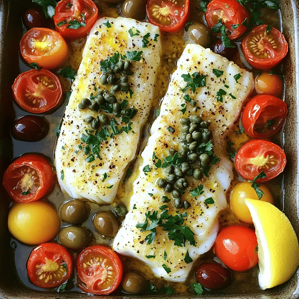 - 4 cod fillets (about 6 oz each) - 3 tablespoons olive oil - 1 lemon, zested and juiced - 2 cloves garlic, minced - 1 teaspoon dried oregano - 1 teaspoon dried thyme - ½ teaspoon red pepper flakes (adjust to taste) - Salt and pepper, to taste - 1 cup cherry tomatoes, halved - ½ cup Kalamata olives, pitted and halved - ¼ cup fresh parsley, chopped - 2 tablespoons capers, rinsed and drained
