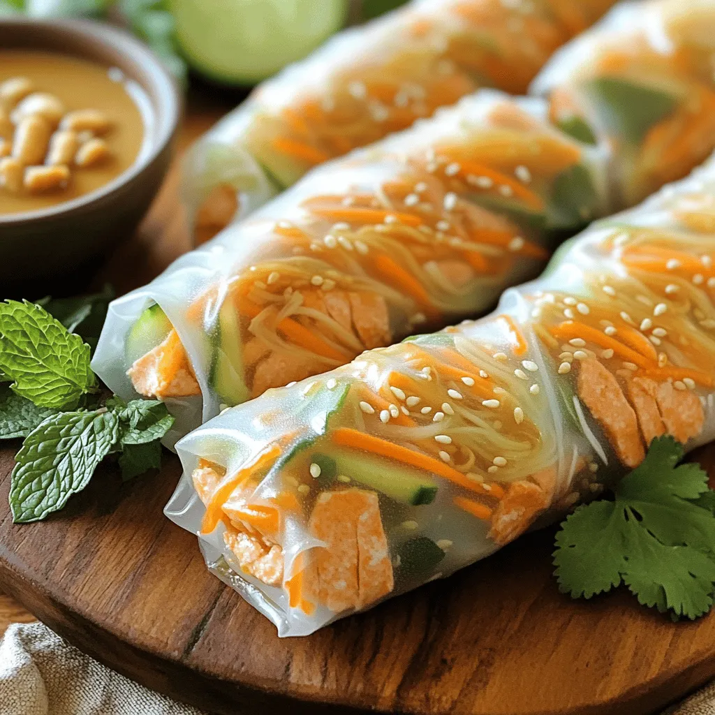 Fresh ingredients for spring rolls make all the difference. Start with rice paper wrappers. They are thin and flexible. This helps hold the fillings well. Next, choose your salmon carefully. Fresh, high-quality salmon adds rich flavor. You can use poached or grilled salmon. Both work great in this salmon spring rolls recipe.